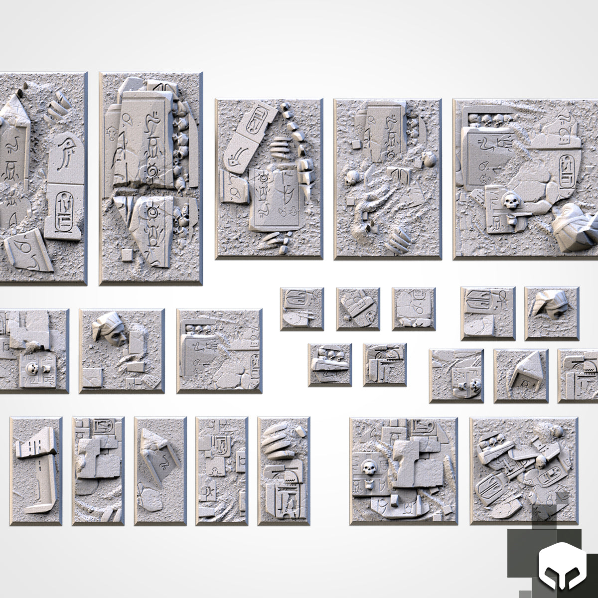 Egyptian Textured Square Bases for Miniatures – Txarli Factory Thematic Designs – Multiple Sizes & Themes
