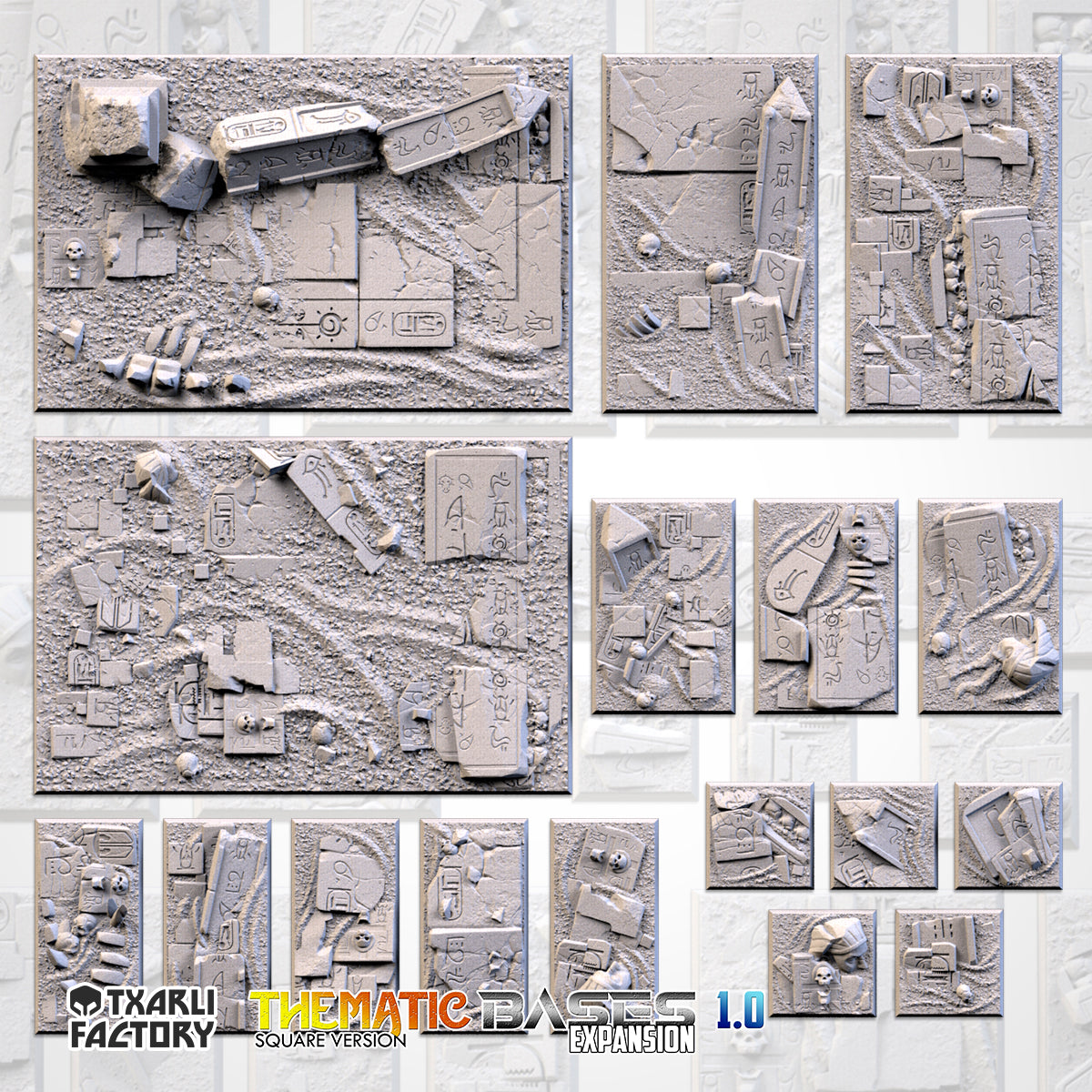 Egyptian Textured Square Bases for Miniatures – Txarli Factory Thematic Designs – Multiple Sizes & Themes