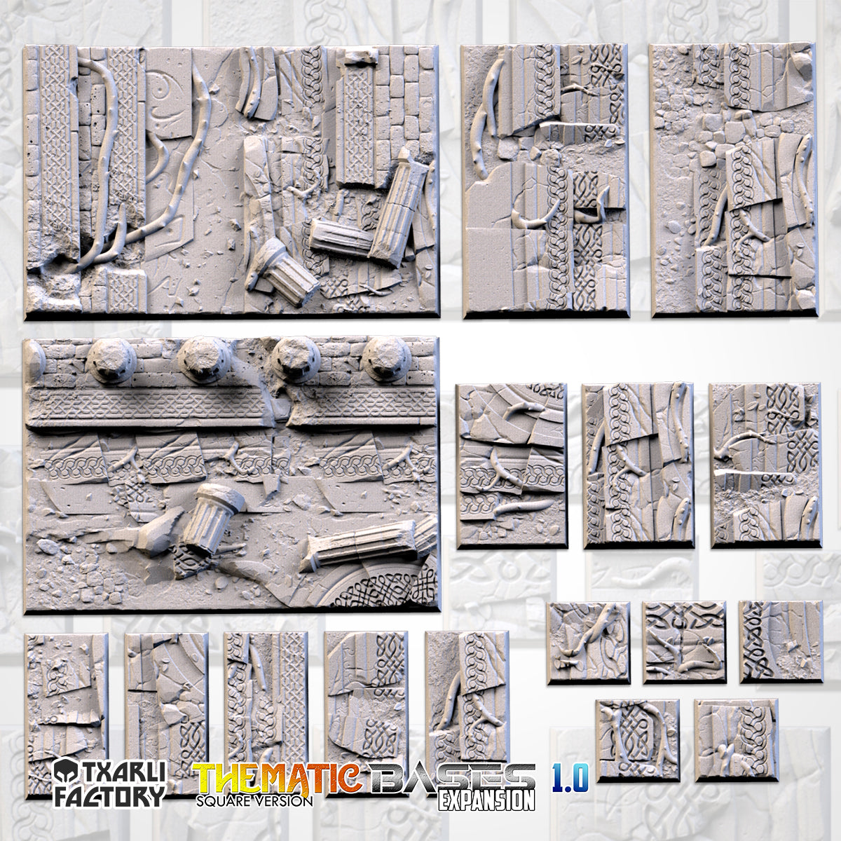 Ancestral Ruins Textured Square Bases for Miniatures – Txarli Factory Thematic Designs – Multiple Sizes & Themes