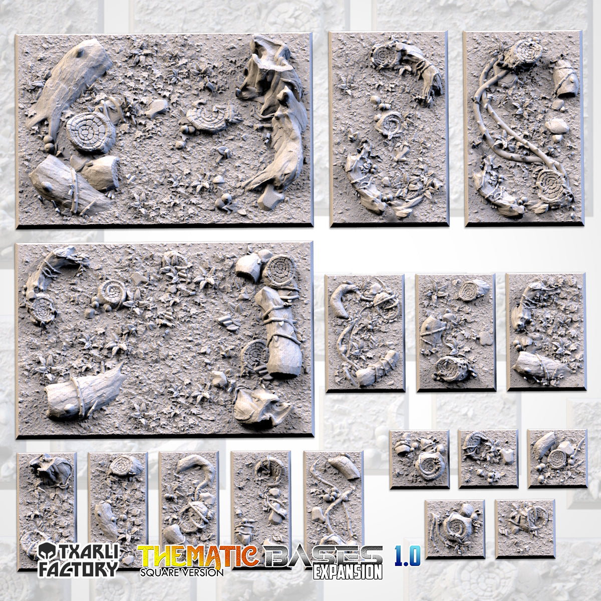 Forest Textured Square Bases for Miniatures – Txarli Factory Thematic Designs – Multiple Sizes & Themes
