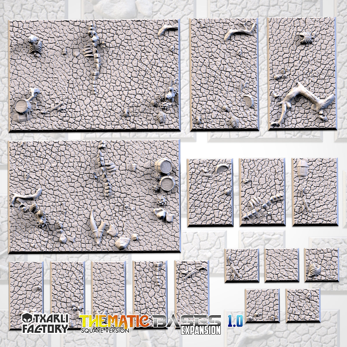 Cracked Desert Textured Square Bases for Miniatures – Txarli Factory Thematic Designs – Multiple Sizes & Themes