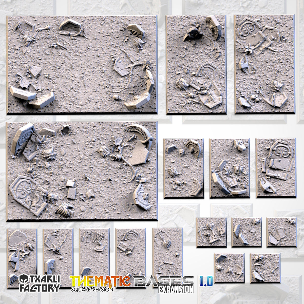 Graveyard Textured Square Bases for Miniatures – Txarli Factory Thematic Designs – Multiple Sizes & Themes
