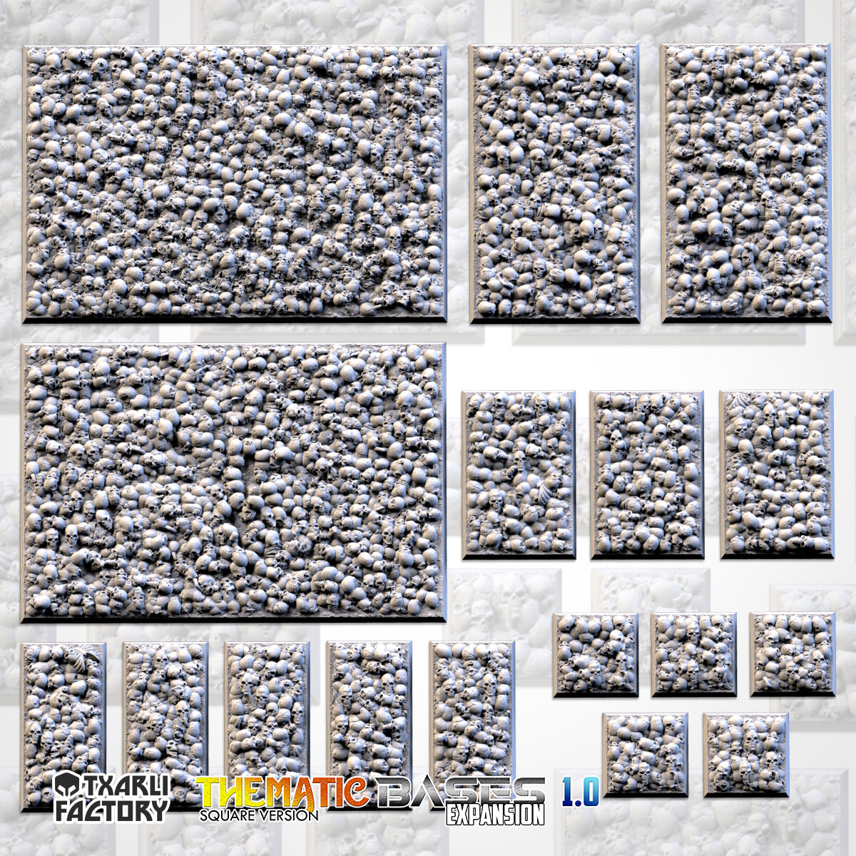 Death Skulls Textured Square Bases for Miniatures – Txarli Factory Thematic Designs – Multiple Sizes & Themes