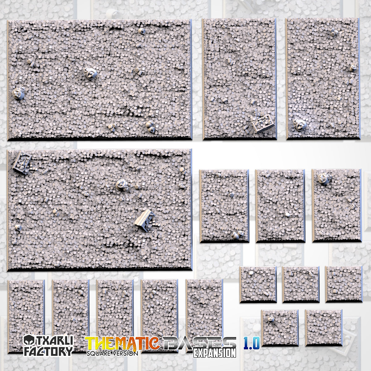 Treasures Textured Square Bases for Miniatures – Txarli Factory Thematic Designs – Multiple Sizes & Themes