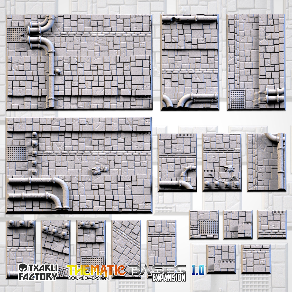 Dungeon Textured Square Bases for Miniatures – Txarli Factory Thematic Designs – Multiple Sizes & Themes