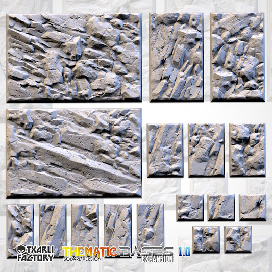 Stony Textured Square Bases for Miniatures – Txarli Factory Thematic Designs – Multiple Sizes & Themes