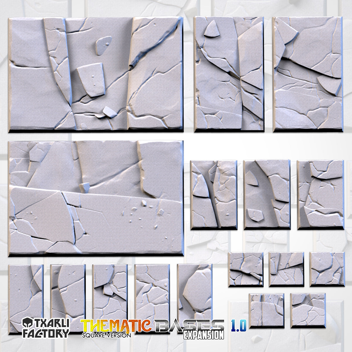 Frozen Textured Square Bases for Miniatures – Txarli Factory Thematic Designs – Multiple Sizes & Themes