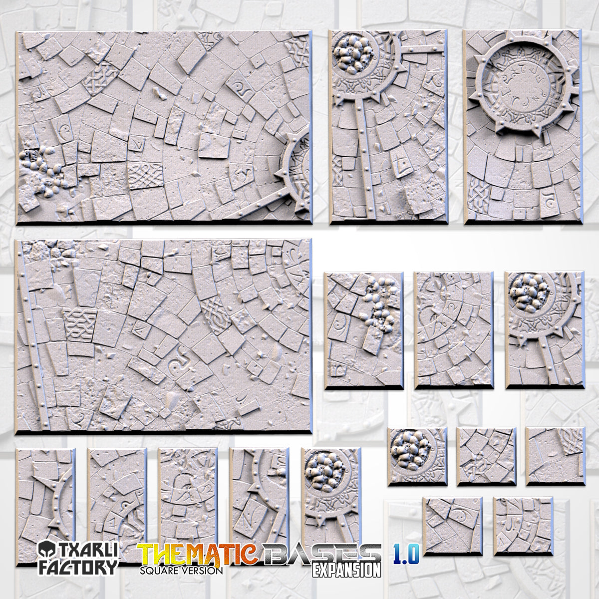 Sacred Temple Textured Square Bases for Miniatures – Txarli Factory Thematic Designs – Multiple Sizes & Themes