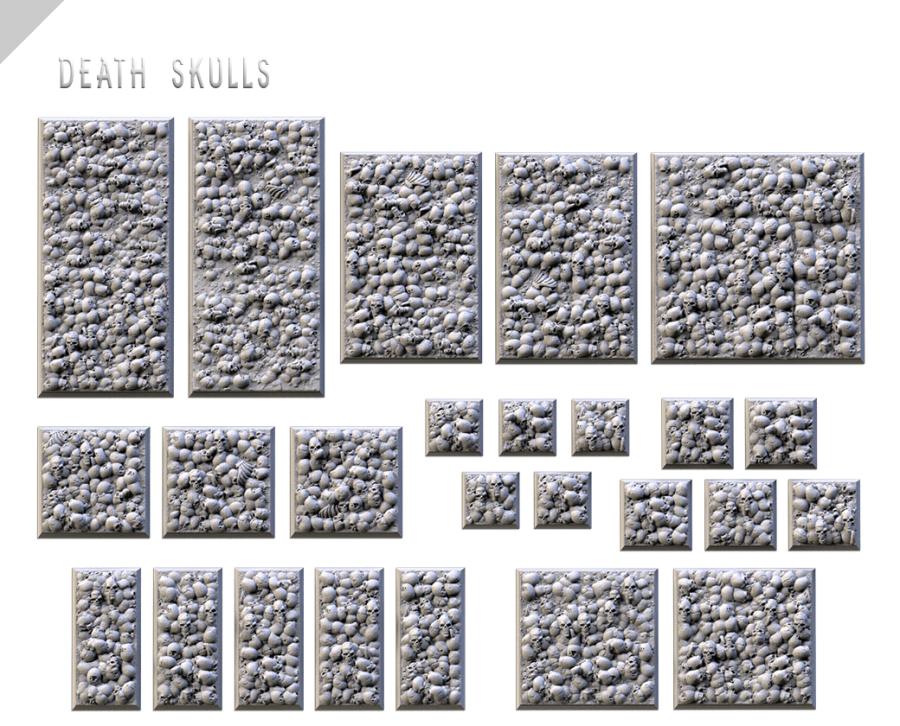 Death Skulls Textured Square Bases for Miniatures – Txarli Factory Thematic Designs – Multiple Sizes & Themes