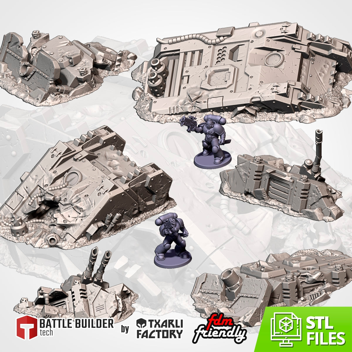 Crushed Vehicles Tank Ruins - Perfect Warhammer 40k Age of Sigmar Terrain Tabletop Mordheim Scenery Wargame Txarli Factory