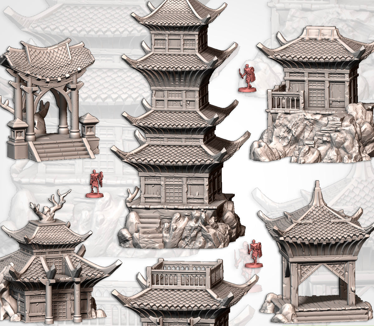 Set of miniature architectural models on a white background with 'Battle Builder' and 'Xtarli Factory' branding.