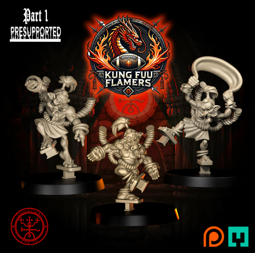 The Kung Fu Flamers Team - 15 High-Quality 3D Print Chaos Dwarf Miniatures | Blood Fantasy Football Bowl | Torchlight Models