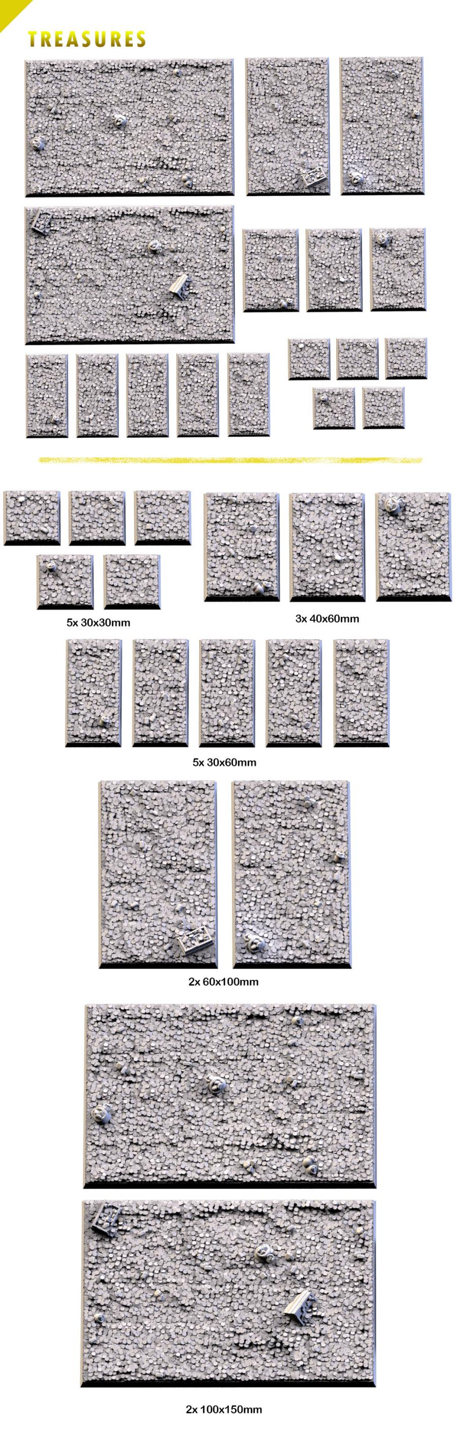 Treasures Textured Square Bases for Miniatures – Txarli Factory Thematic Designs – Multiple Sizes & Themes