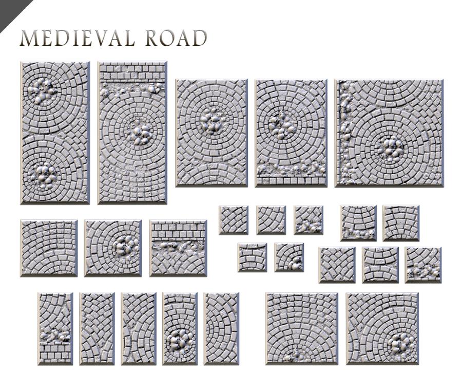 Medieval Road Textured Square Bases for Miniatures – Txarli Factory Thematic Designs – Multiple Sizes & Themes