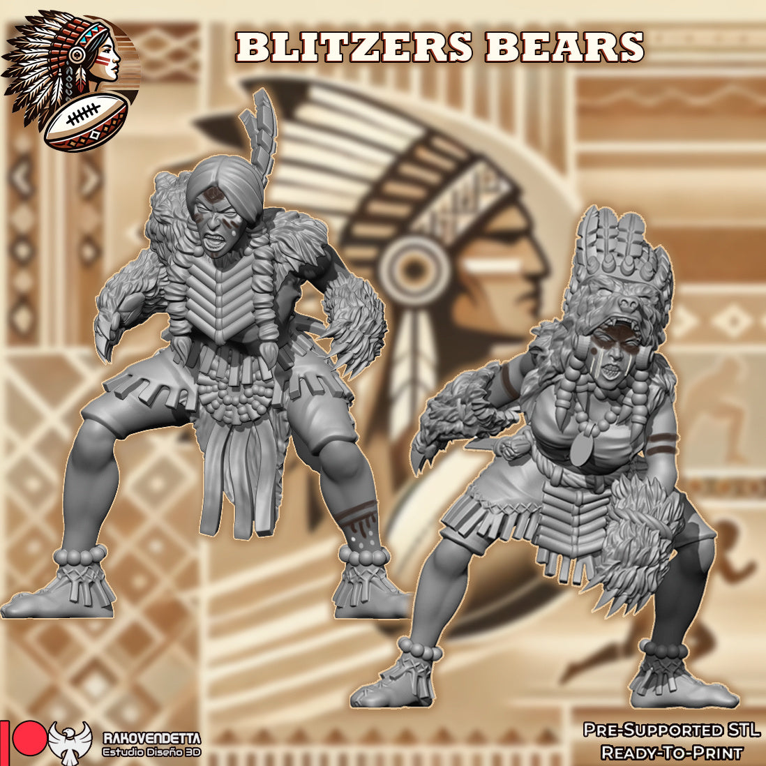 Western Amazon Team - 14 High-Quality 3D Print Amazon Miniatures | Blood Fantasy Football Bowl | Rakovendetta