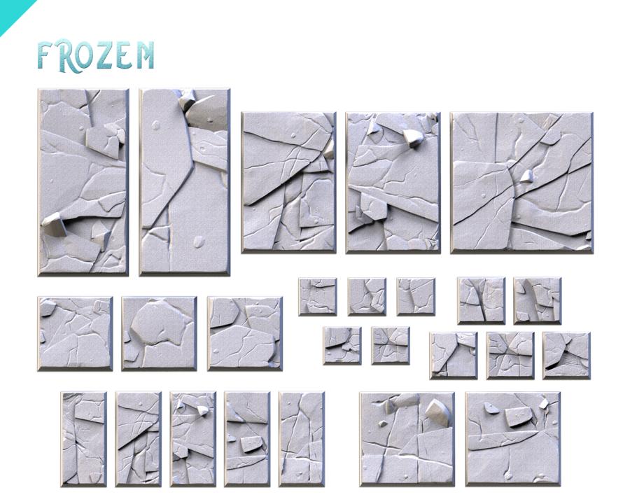 Frozen Textured Square Bases for Miniatures – Txarli Factory Thematic Designs – Multiple Sizes & Themes