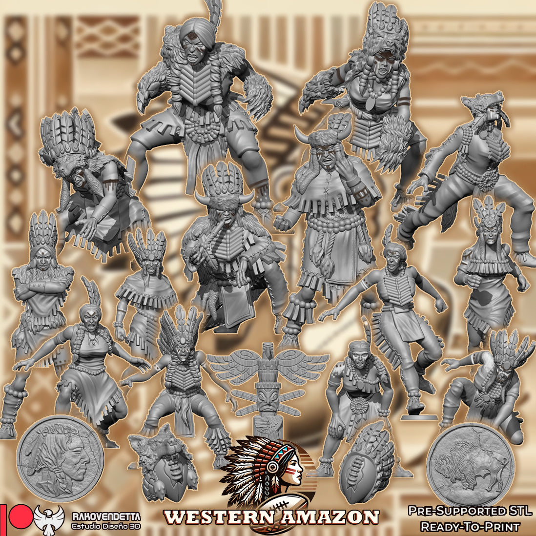 Western Amazon Team - 14 High-Quality 3D Print Amazon Miniatures | Blood Fantasy Football Bowl | Rakovendetta
