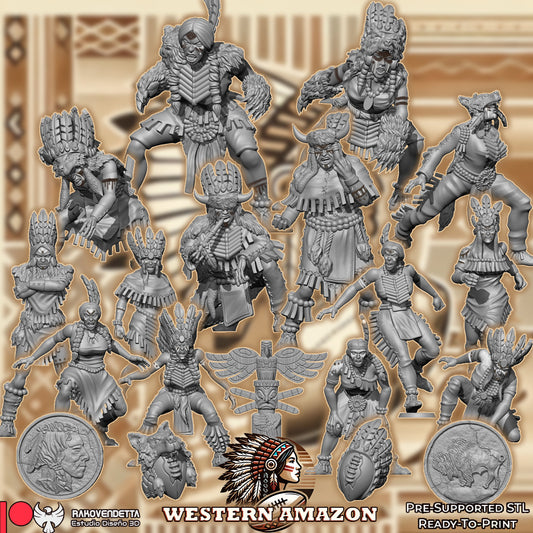 Western Amazon Team - 14 High-Quality 3D Print Amazon Miniatures | Blood Fantasy Football Bowl | Rakovendetta