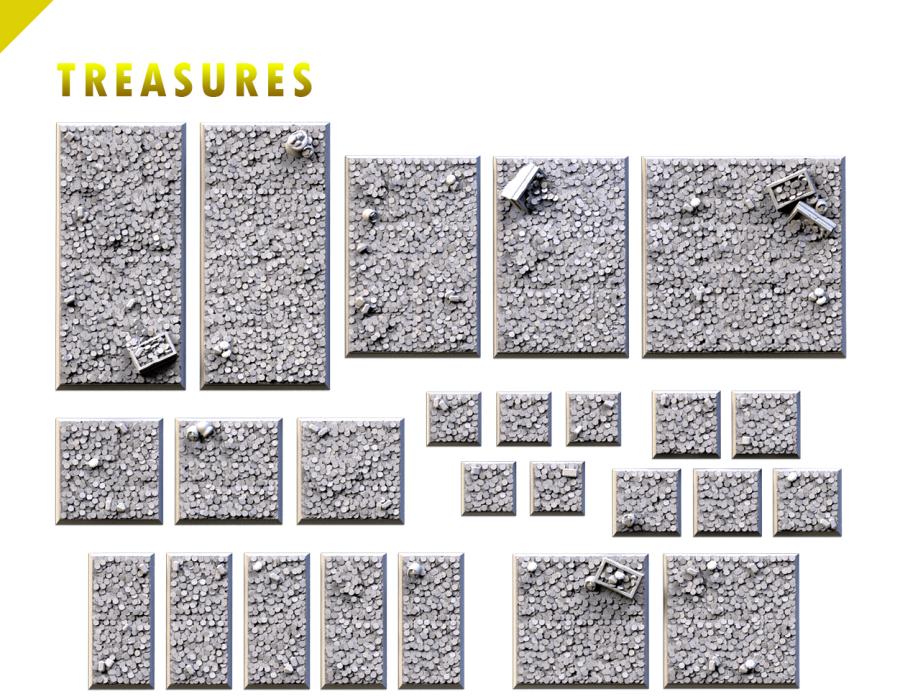 Treasures Textured Square Bases for Miniatures – Txarli Factory Thematic Designs – Multiple Sizes & Themes