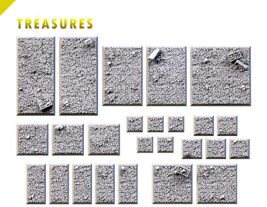 Treasures Textured Square Bases for Miniatures – Txarli Factory Thematic Designs – Multiple Sizes & Themes