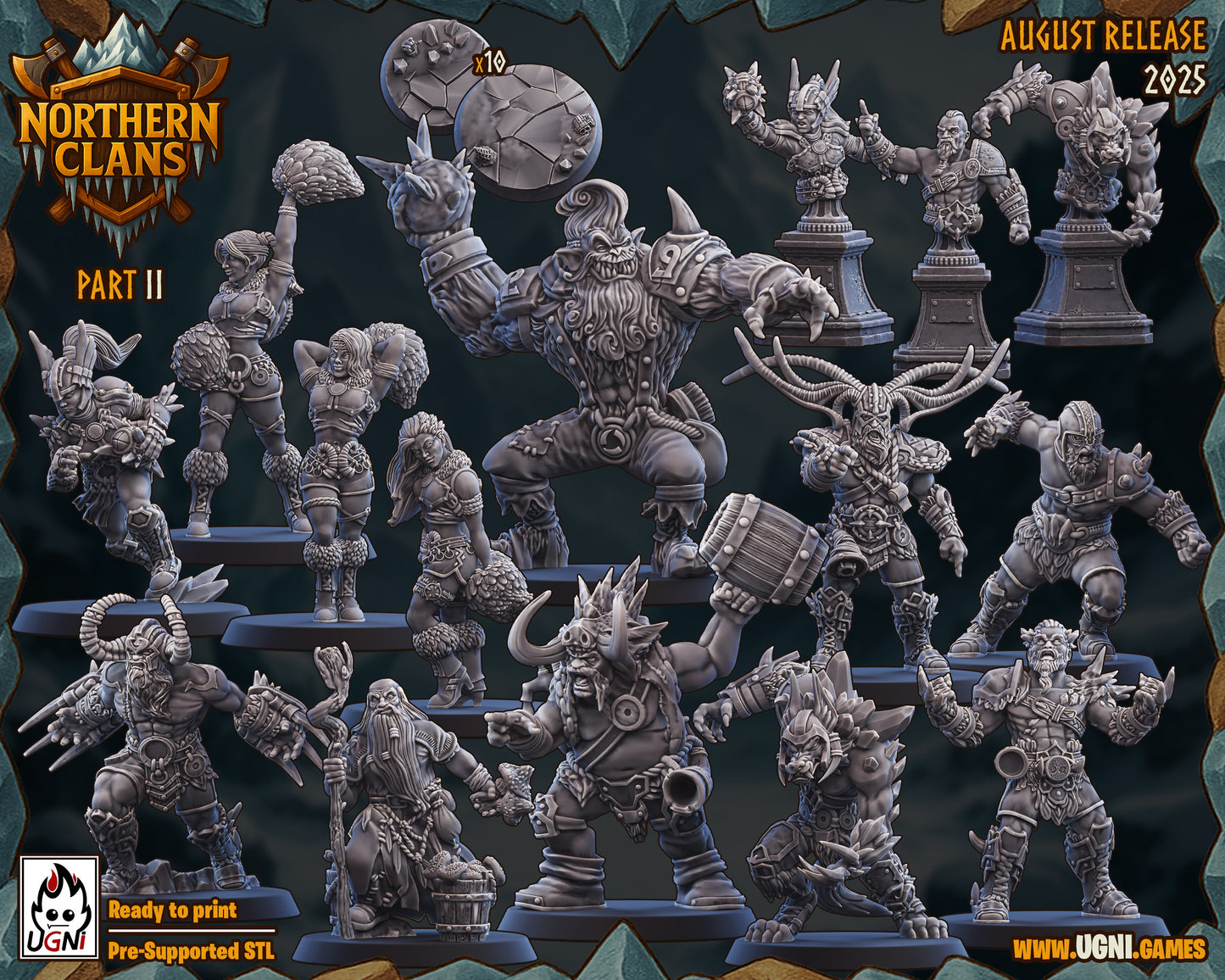 Collection of fantasy miniatures with 'Northern Clans' branding and 'August Release 2023' text.