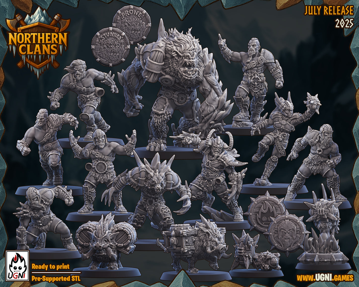 Collection of fantasy miniatures with 'Northern Clans' branding and 'UGNI Games' logo.