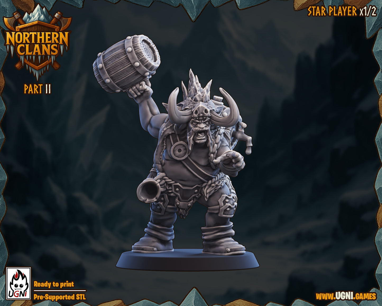 Game character with a large weapon on a dark background, featuring 'Northern Clans' branding.