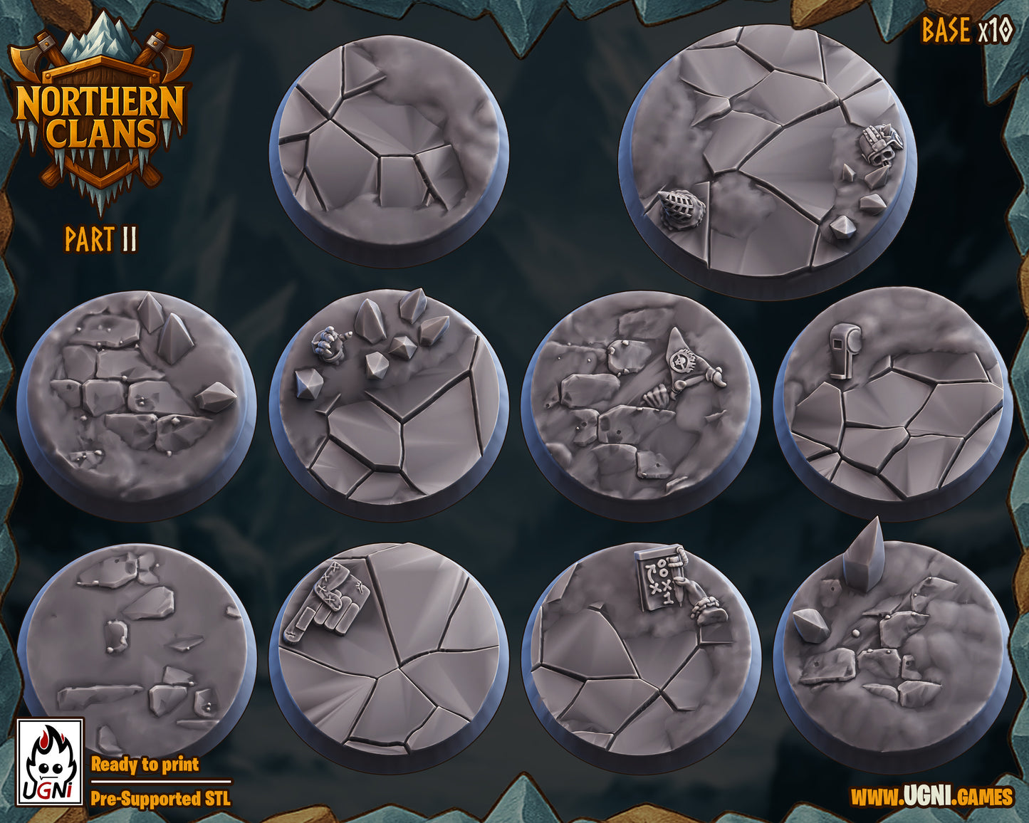 Collection of round stone-like bases with various textures and designs, branded 'Northern Clans' on a dark background.