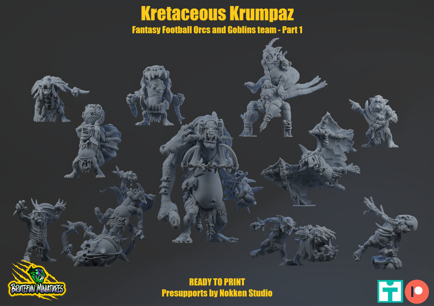 Krumpaz Savage Orc Team – 36 High-Quality 3D Print Orc, Goblin & Troll Miniatures | Blood Fantasy Football Bowl | Brutefun Miniatures