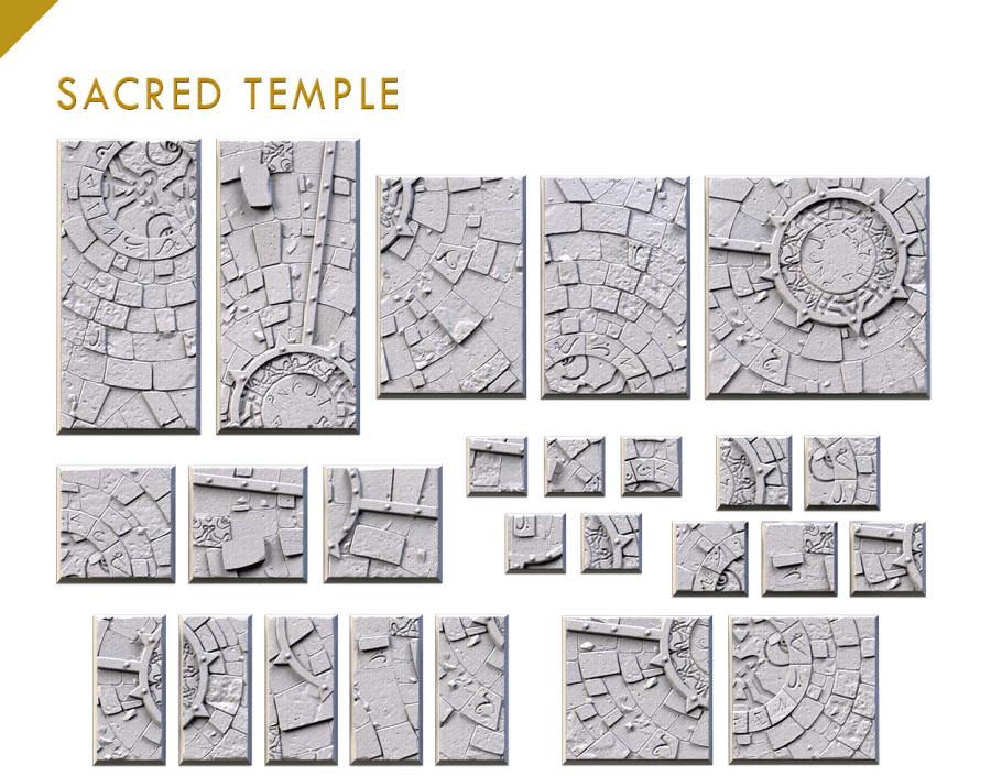 Sacred Temple Textured Square Bases for Miniatures – Txarli Factory Thematic Designs – Multiple Sizes & Themes