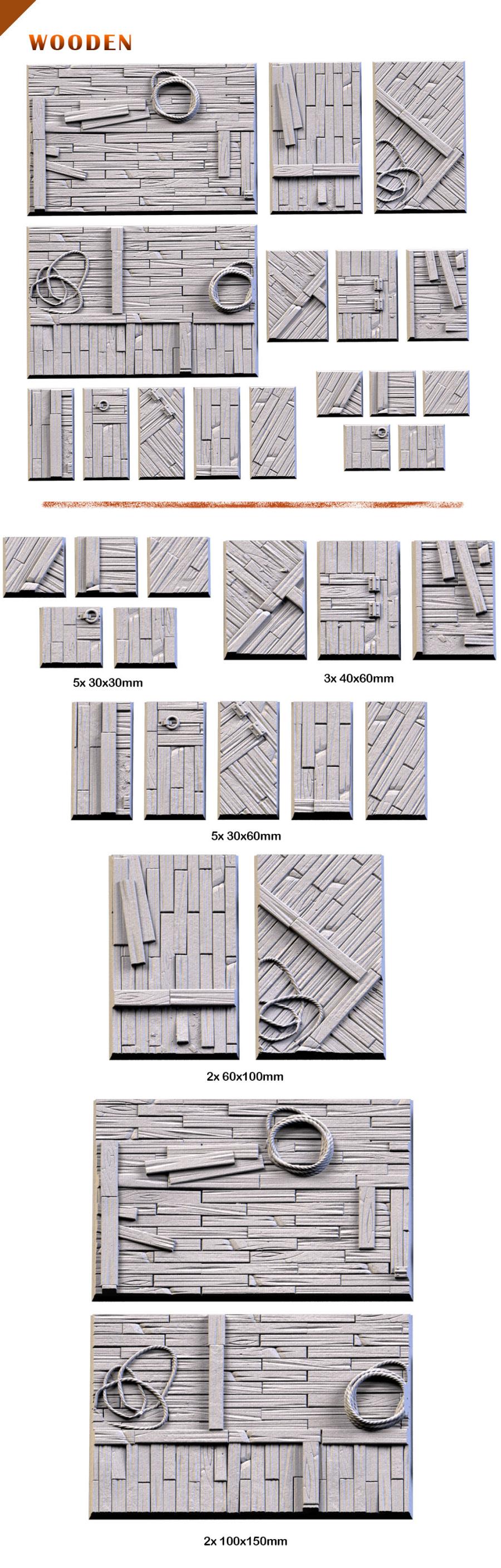 Wooden Textured Square Bases for Miniatures – Txarli Factory Thematic Designs – Multiple Sizes & Themes