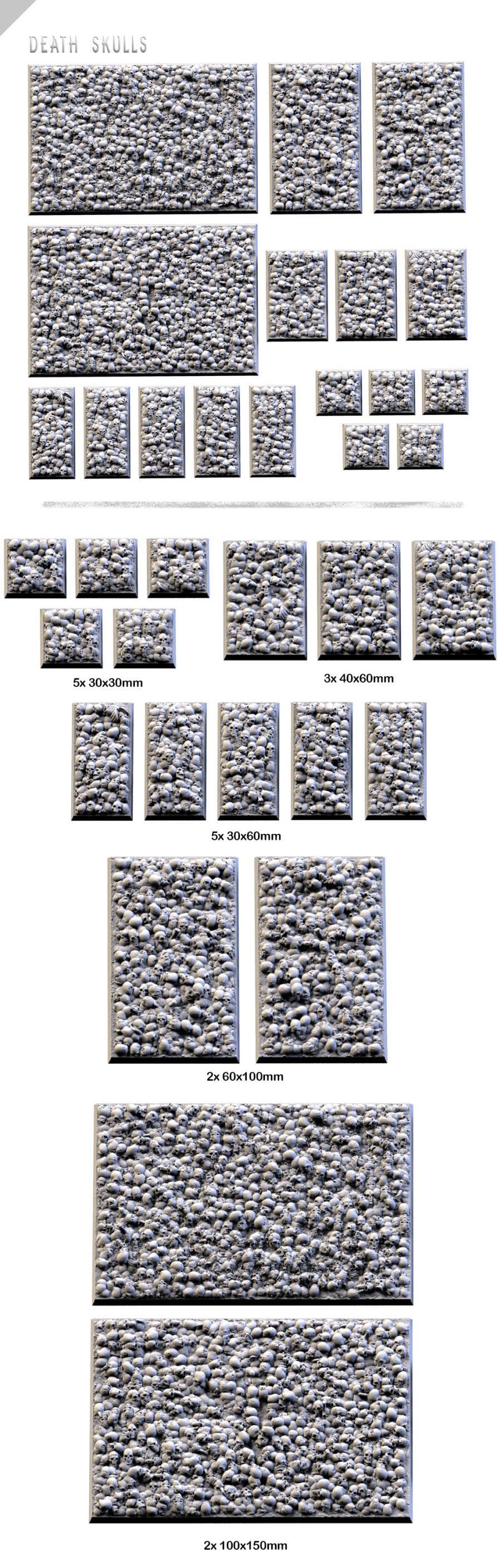Death Skulls Textured Square Bases for Miniatures – Txarli Factory Thematic Designs – Multiple Sizes & Themes