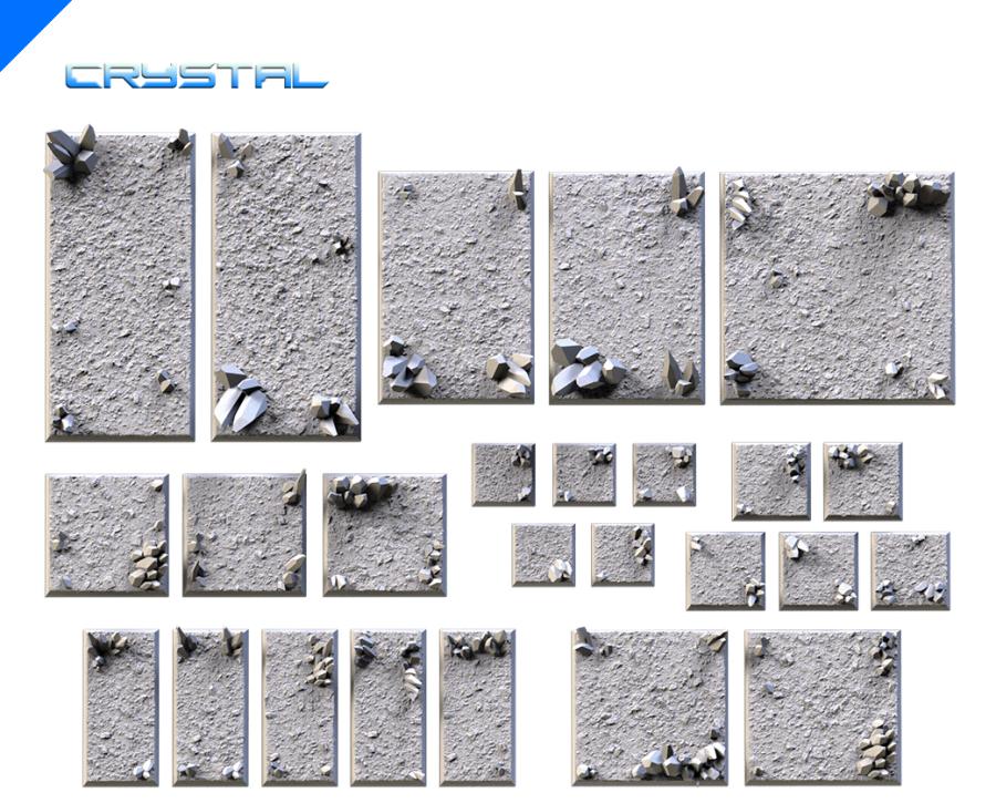 Crystal Textured Square Bases for Miniatures – Txarli Factory Thematic Designs – Multiple Sizes & Themes