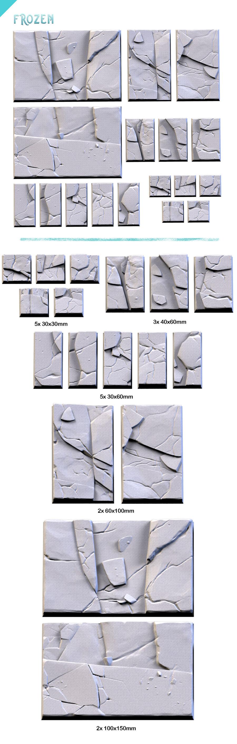 Frozen Textured Square Bases for Miniatures – Txarli Factory Thematic Designs – Multiple Sizes & Themes