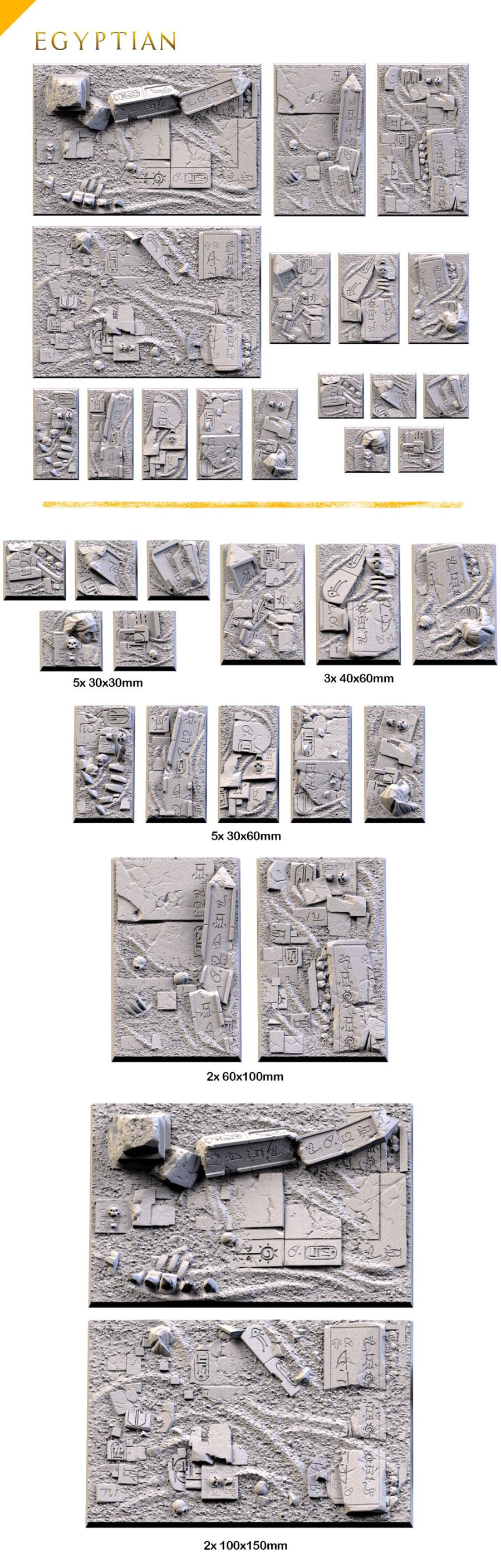 Egyptian Textured Square Bases for Miniatures – Txarli Factory Thematic Designs – Multiple Sizes & Themes