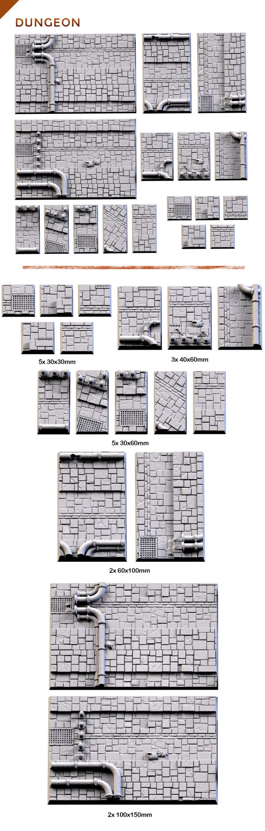 Dungeon Textured Square Bases for Miniatures – Txarli Factory Thematic Designs – Multiple Sizes & Themes