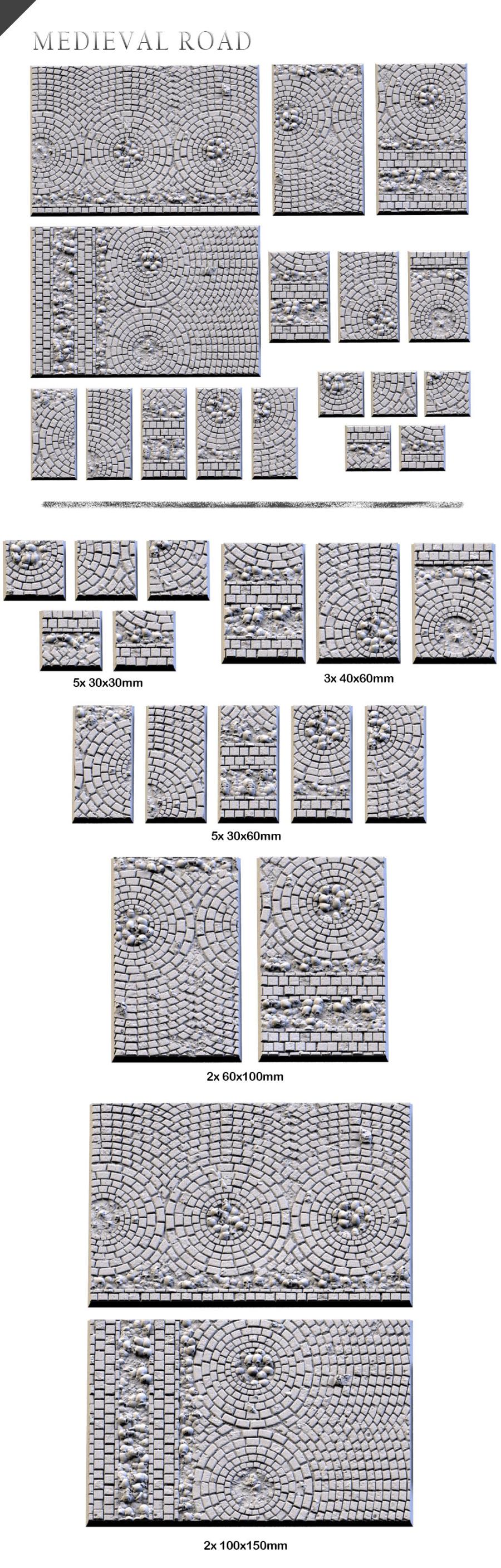 Medieval Road Textured Square Bases for Miniatures – Txarli Factory Thematic Designs – Multiple Sizes & Themes