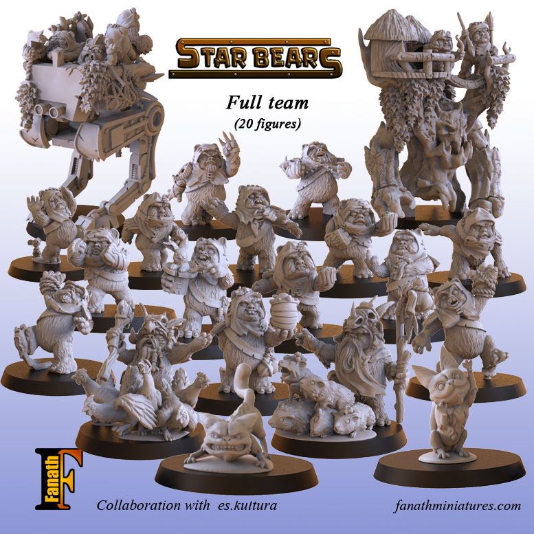 Collection of Star Bears miniatures on a display stand with branding and website information.