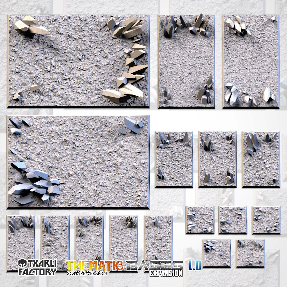 Crystal Textured Square Bases for Miniatures – Txarli Factory Thematic Designs – Multiple Sizes & Themes