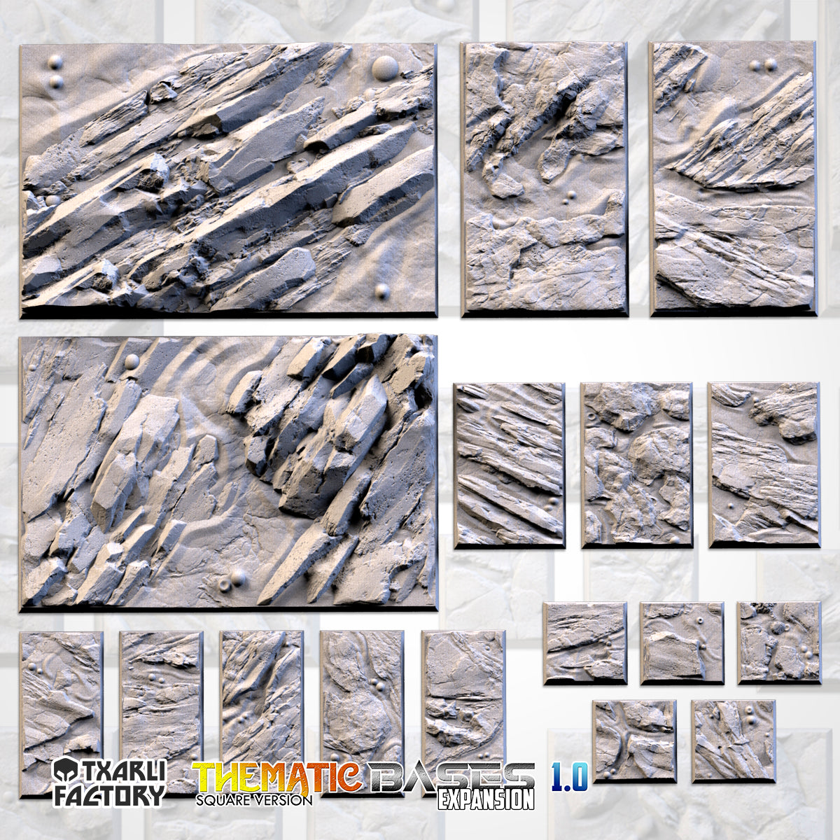 Volcanic Textured Square Bases for Miniatures – Txarli Factory Thematic Designs – Multiple Sizes & Themes