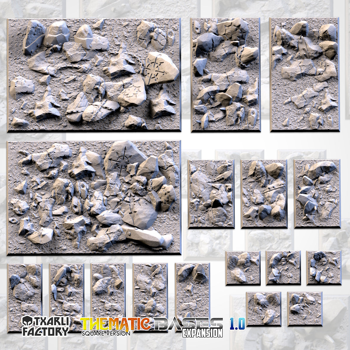 Chaos Hell Textured Square Bases for Miniatures – Txarli Factory Thematic Designs – Multiple Sizes & Themes
