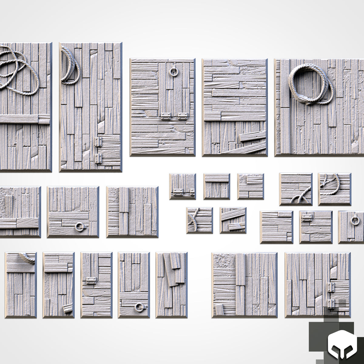 Wooden Textured Square Bases for Miniatures – Txarli Factory Thematic Designs – Multiple Sizes & Themes