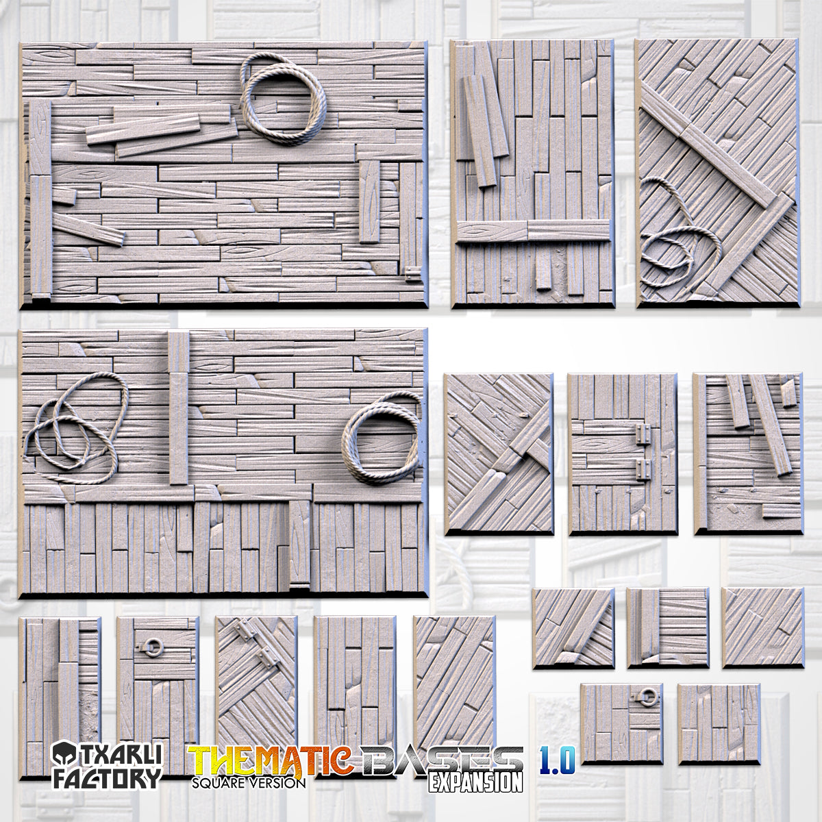 Wooden Textured Square Bases for Miniatures – Txarli Factory Thematic Designs – Multiple Sizes & Themes