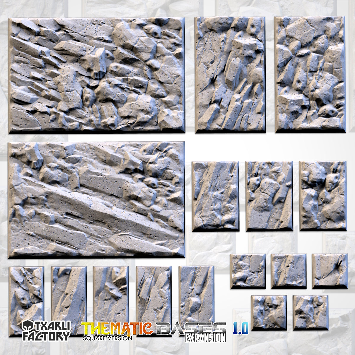 Stony Textured Square Bases for Miniatures – Txarli Factory Thematic Designs – Multiple Sizes & Themes