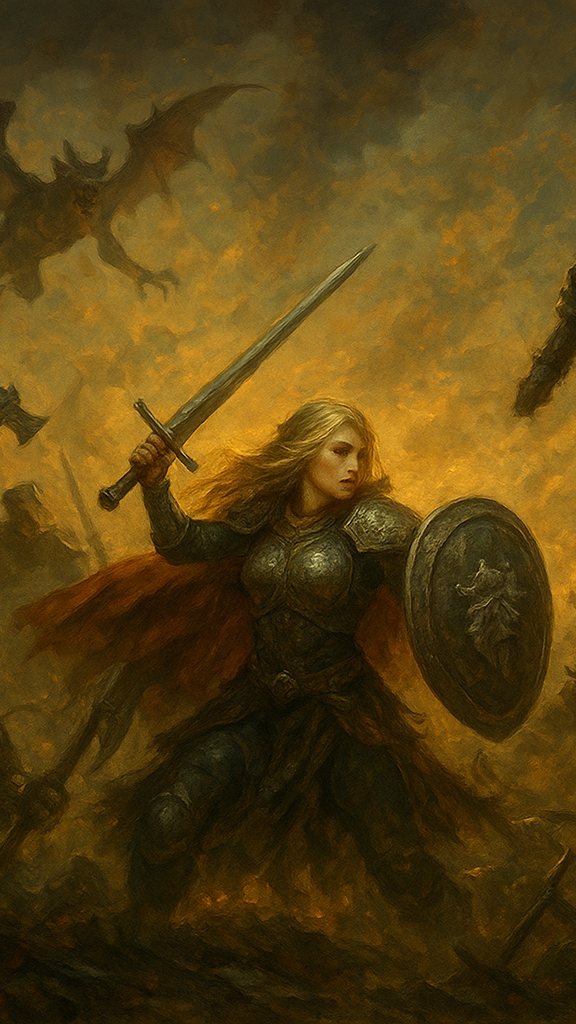 Fierce battle scene with a warrior and monstrous creatures in a dark, smoky environment.