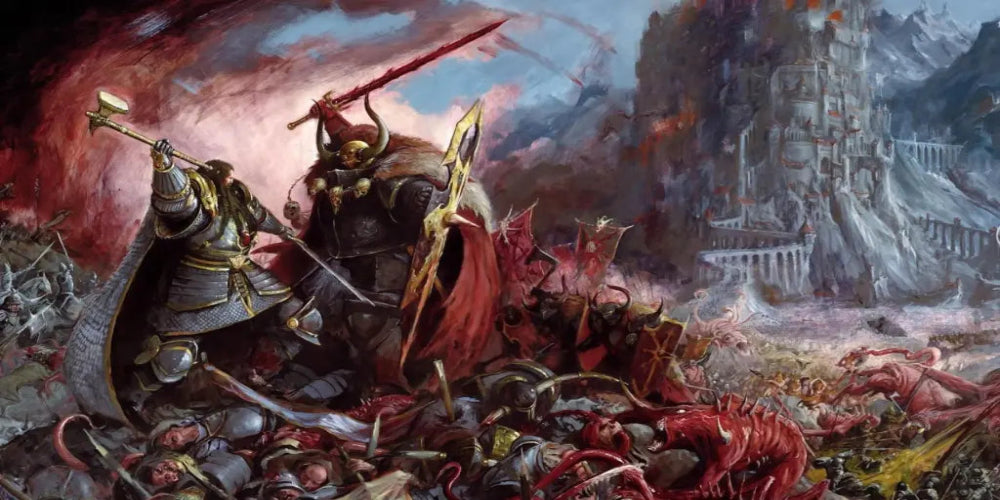 Illustration of a warrior in armor with a sword, surrounded by red creatures and ruins in the background.