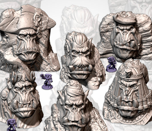 Collection of detailed warrior heads and armor pieces on a white background with logos at the bottom.