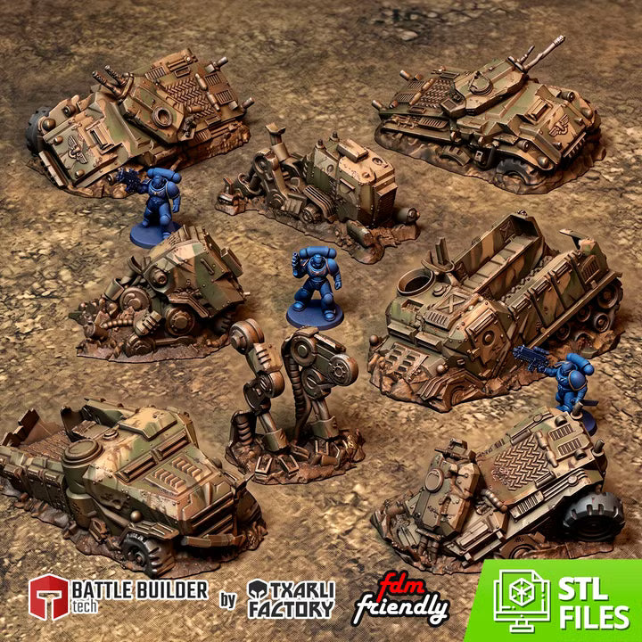 Vehicles Destroyed - Txarli Factory, set of 8 crashed vehicle terrain pieces