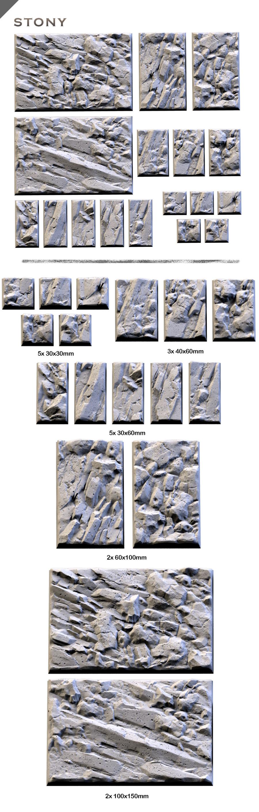 Stony Textured Square Bases for Miniatures – Txarli Factory Thematic Designs – Multiple Sizes & Themes