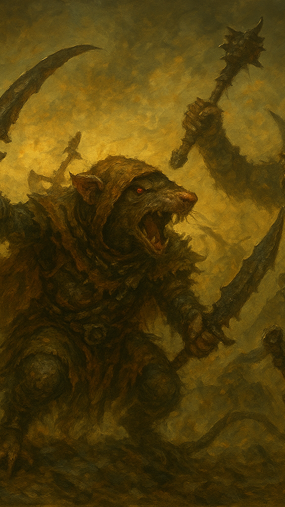 Illustration of a warrior with a lion-like head surrounded by other creatures in a dark, ominous setting.